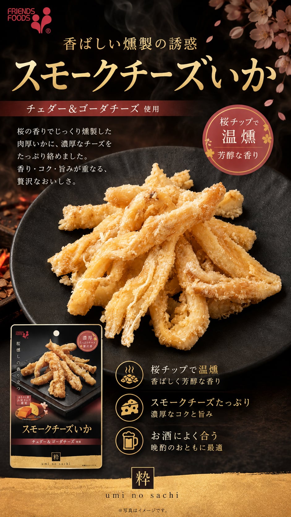 敬老の日 井上食品 スモークチーズいか 44g×1袋 おつまみ 珍味 チーズいか 燻製 スモークチーズ イカ チーズ 肉厚 やわらかい いか 桜チップ 温燻 日本酒 酒の肴