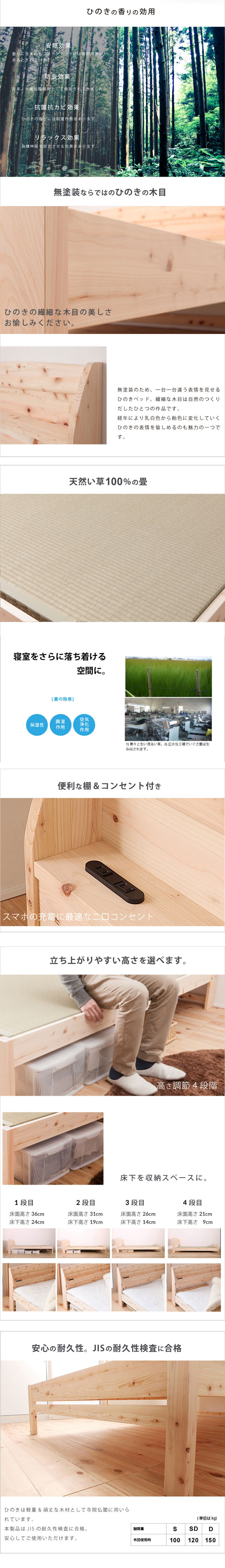 ベッド 寝具 畳 ヒノキ 日本製 シングル セミダブル ダブル コンセント付き 棚付き ひのき イ草 桧 檜 本畳 低ホルムアルデヒド 高さ調節 国産 天然イ草