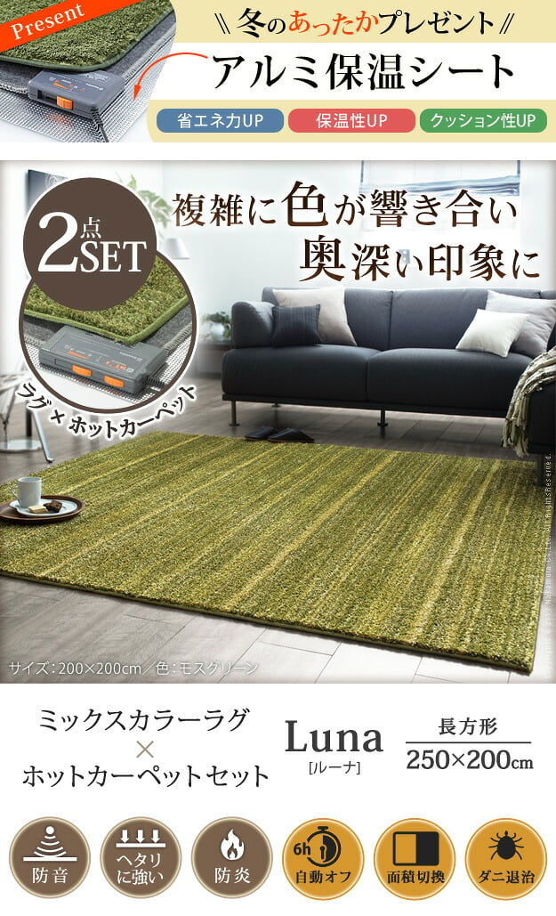 ホットカーペット カバー 電気カーペット対応 ミックスカラーホットカーペット・カバー-ルーナ 3畳(250x200cm) ホットカーペット本体セット ラグ ラグマット モダン シンプル 北欧 無地 ミックスシャギー 防ダニ 滑り止め おしゃれ あったか