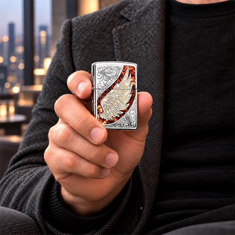 ZIPPO ウイング 天使の羽 ジッポ ライター マーブル ブラウン おしゃれ 翼 シルバー アラベスク 彫刻 茶 御守り メンズ レディース かっこいい ギフト プレゼント