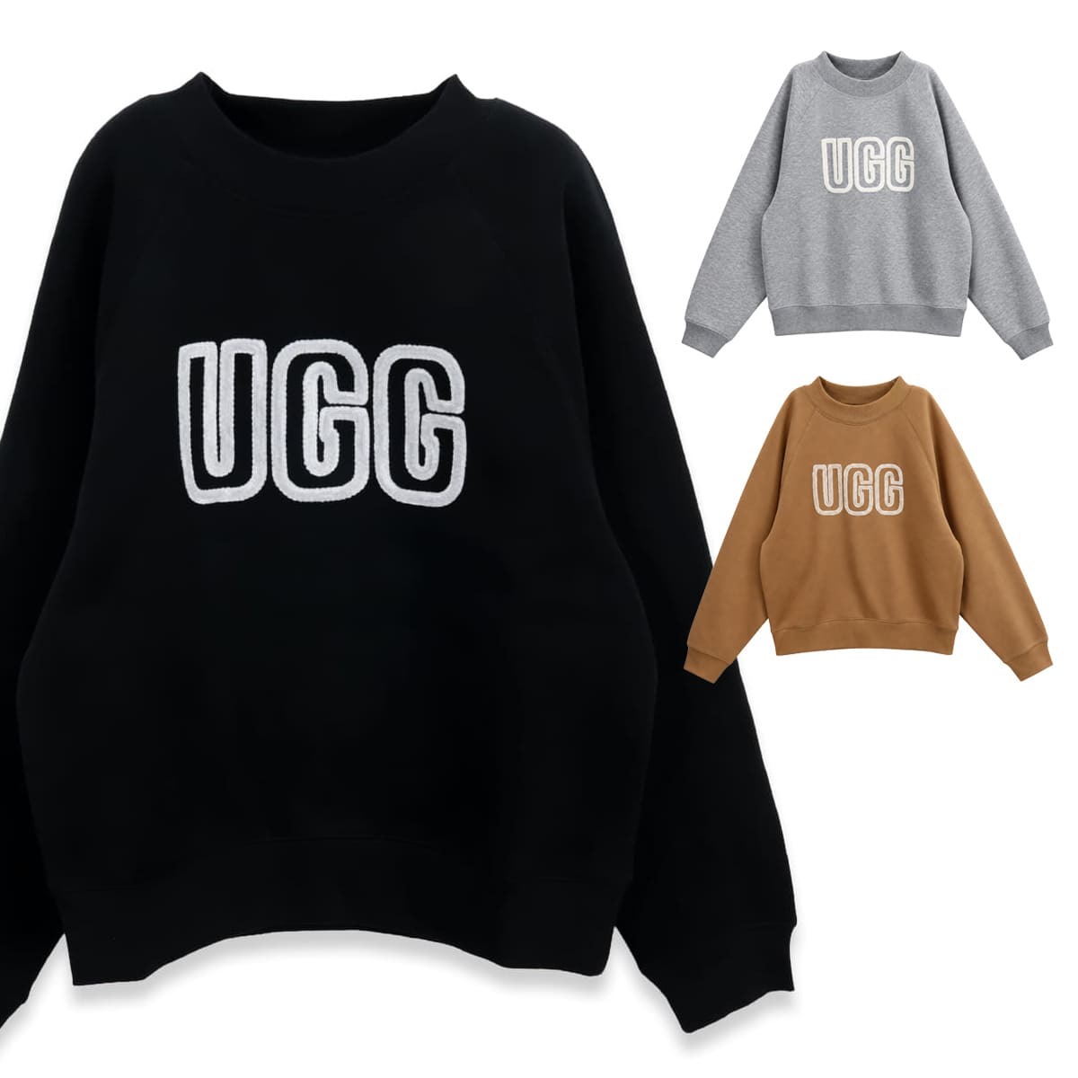 UGG アグ トレーナー レディース 1171477 LOGO CREWNECK ロゴ クルーネック スウェット 長袖 ラグランスリーブ ロゴアップリケ コットンブレンド ブラック チェスナット グレーヘザー 黒 茶色 グレー XS S M