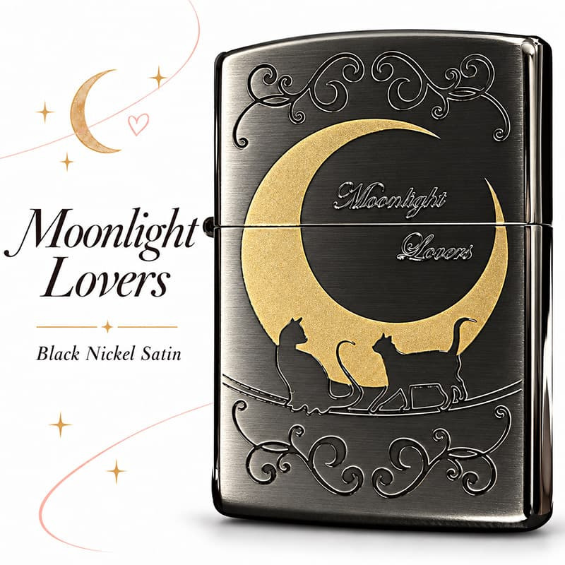 ZIPPO ライター ジッポ ネコ 猫 キャット ムーン 可愛い 三日月 ブラックニッケルサテン ムーンライトラヴァーズ ねこ 動画有り メンズ ギフト レディース プレゼント