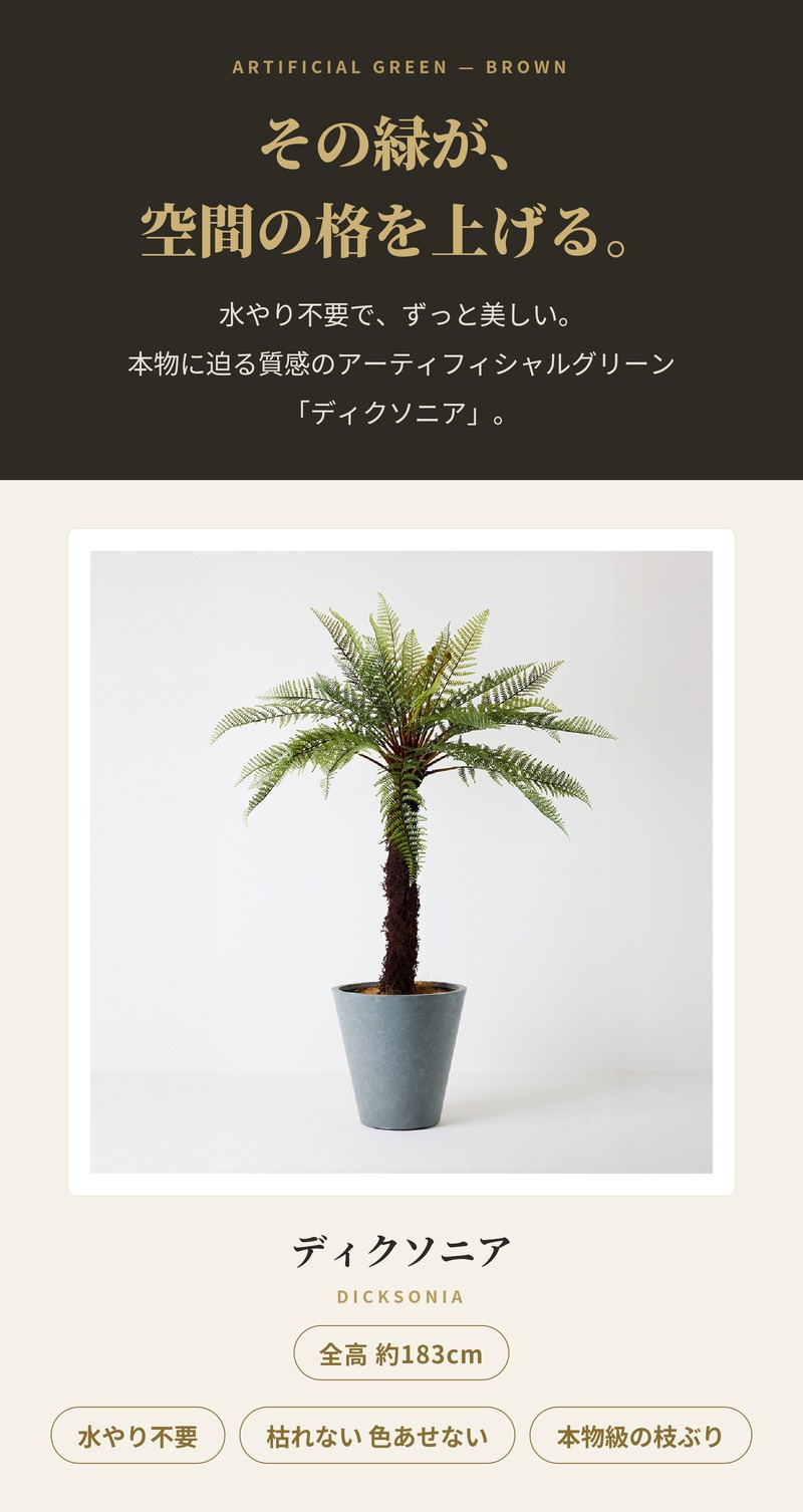 観葉植物 造花 ディクソニア BROWN 全高約183cm 大型 フェイクグリーン 高級 本物そっくり リアル おしゃれ 珍しい インテリア 人工観葉植物 アーティフィシャルグリーン オフィス 店舗 ホテル 開店祝い 室内 リビング 玄関 風水 木性シダ