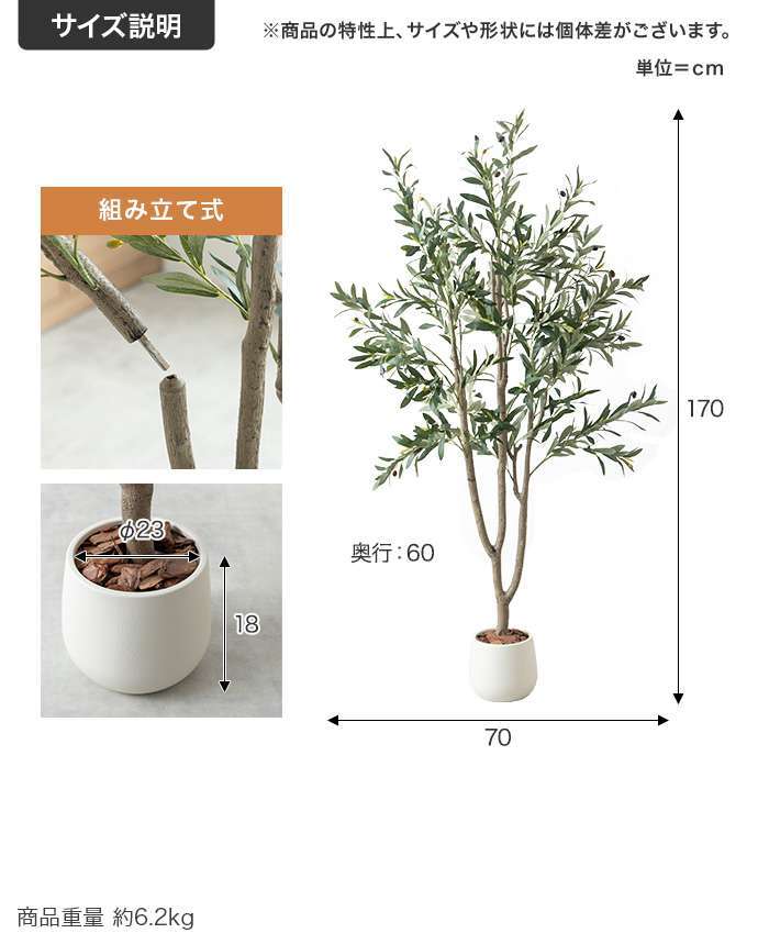 【高さ170cm】光触媒人工観葉植物 オリーブ 幅70cm×奥行60cm×高さ170cm オフィス 天然木 ポリエステル 組立品 お部屋に気軽に飾れて空間を美しく彩るフェイクグリーン 本物の植物のようなリアルな質感とインテリアに馴染む風合いが魅力です