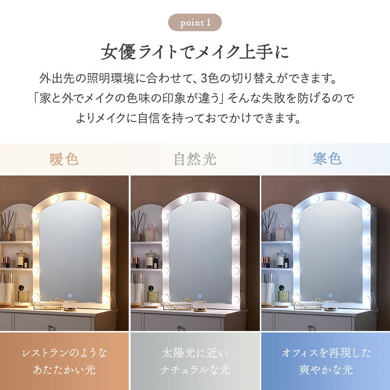 ドレッサー コスメワゴン チェスト スツール付き 天板 ミラー 2口コンセント付き LEDライト付 女優ミラー 引き出し付き ホワイト 鏡台 コンパクト 化粧台 化粧道具収納 メイクボックス メイク台 一人暮らし ワンルーム 新生活