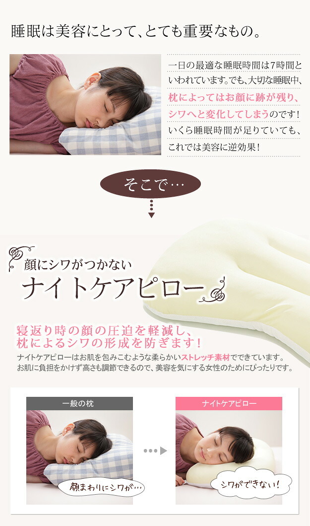 顔にシワがつかない ナイトケアピロー 43×63cm 枕 首 肩 しわ 眠りシワ 美肌 女性 柔らかい エイジングケア スキンケア 快眠 熟睡 寝返り 美容 健康 洗える 清潔 通気性 高さ調節 日本製