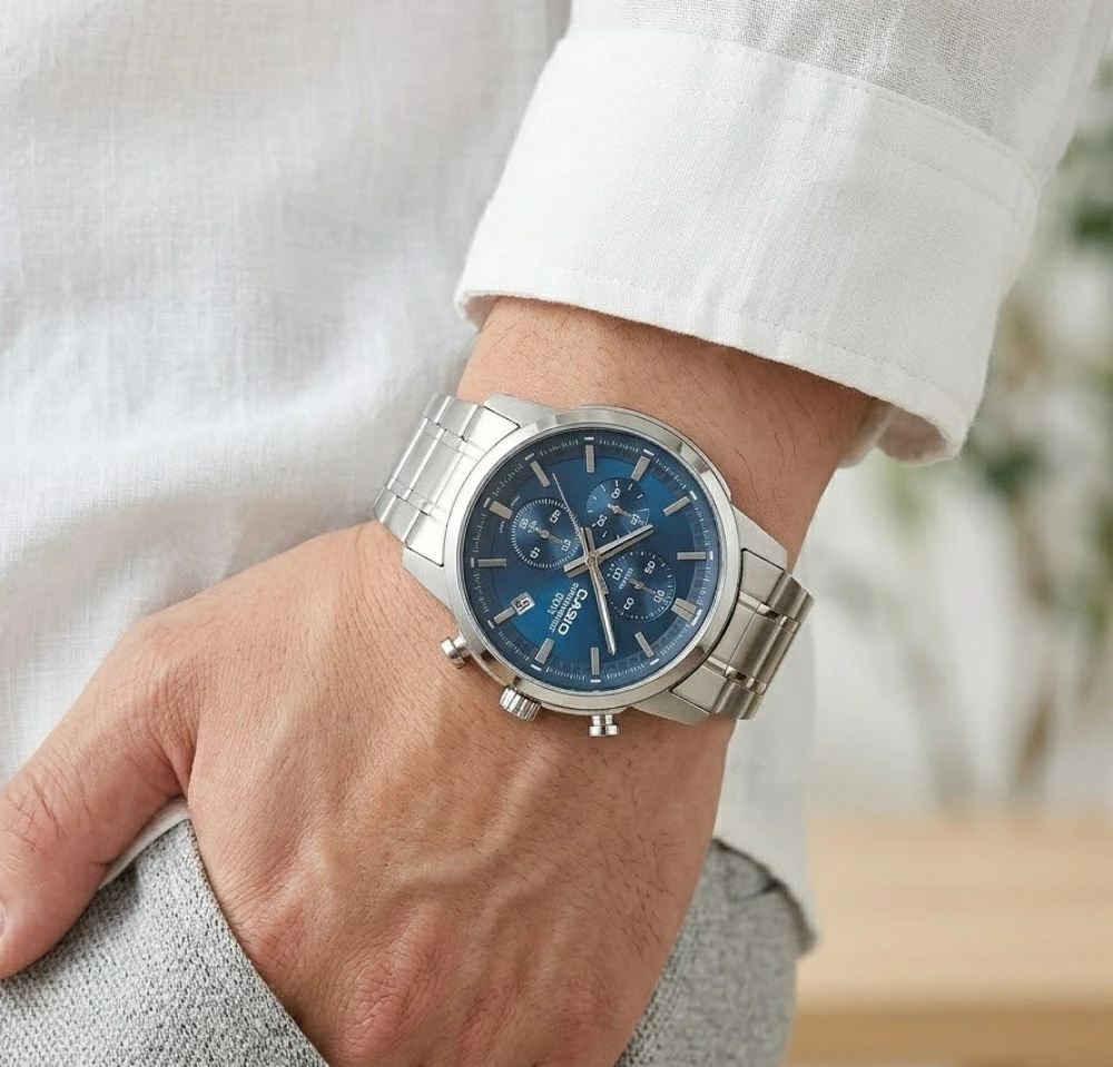 箱なし カシオ 腕時計 メンズ CASIO ブルー シルバー クロノグラフ カレンダー メタル 42mm 海外モデル 逆輸入 仕事 ビジネス カジュアル 誕生日 プレゼント ギフト 成人 卒業 入学