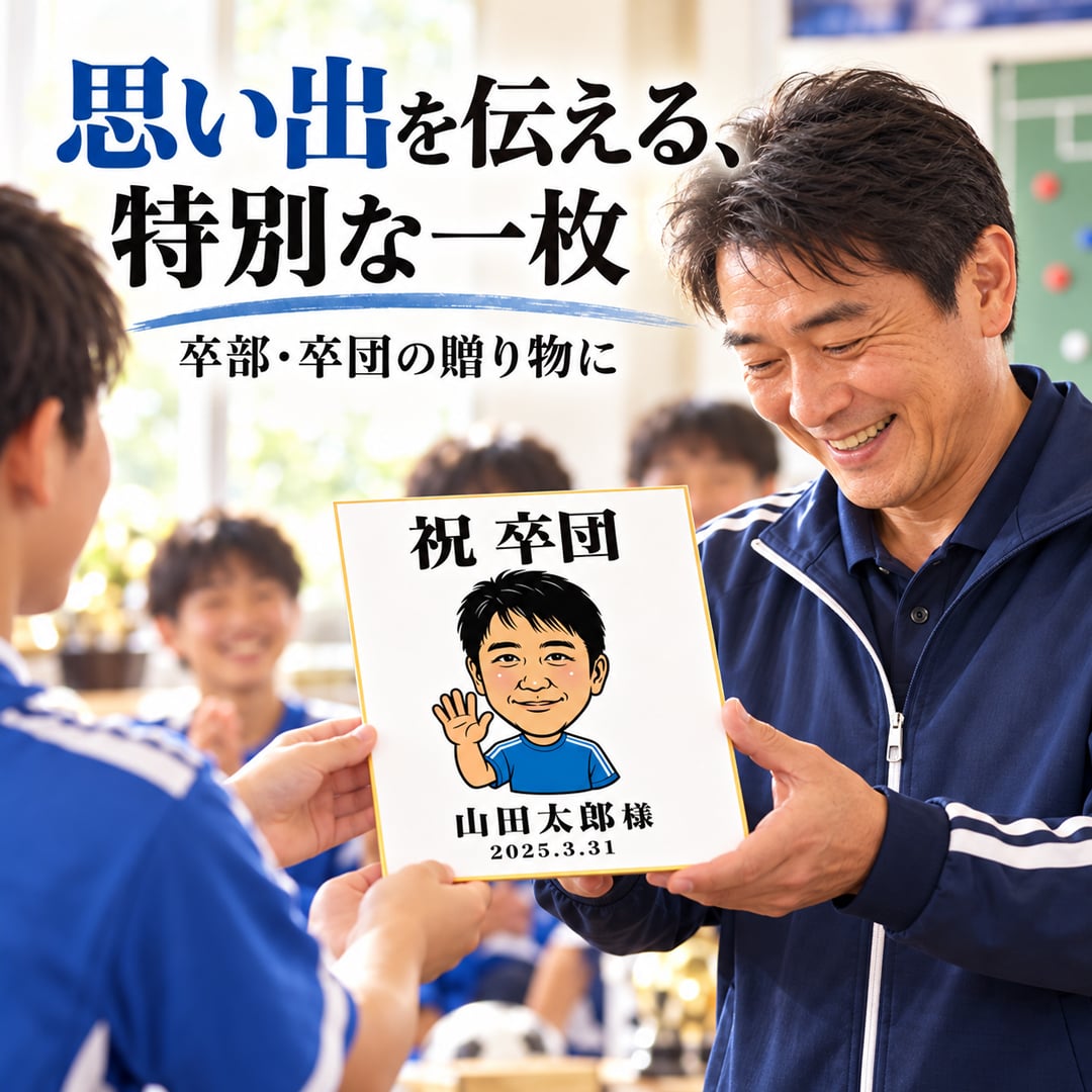 似顔絵 色紙 寄せ書き 卒部 卒団 卒業 写真から作る オーダーメイド 寄せ書き・似顔絵メインの2タイプから選べる 3種類の似顔絵タッチ ユニフォーム 名入れ メッセージ入り 野球 サッカー バスケ バレー 陸上 テニス 柔道 剣道 スポーツ 記念品 監督 コーチ プレゼント ギフト