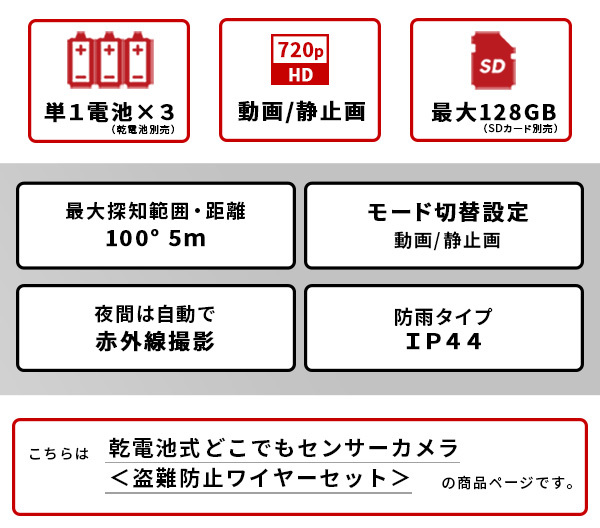 乾電池式どこでもセンサーカメラ 盗難防止ワイヤーセット 乾電池式 どこでも センサーカメラ 防犯カメラ 動画 静止画 防水 防塵 夜間 モード切り替え 高性能 新生活 引越し 家具 ※北海道別途追加送料 沖縄・離島は別途送料要見積もり メーカー直送品