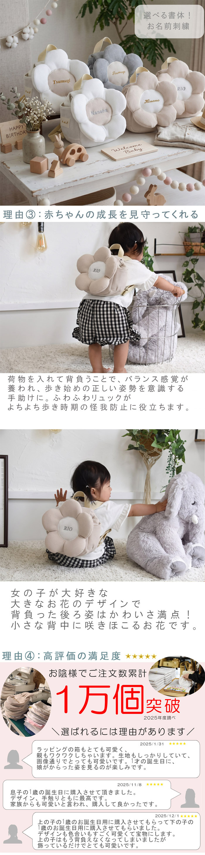 【日本製】名入れ  ベビーリュック 5枚花 名入れ刺繍 贈答用ラッピング対応 動物柄のギフトボックス入り ワッフル素材 お花べビーリュック フラワー ベビーギフト 名入れギフト 出産祝い クリスマスプレゼント誕生日 子供の日 プレゼント ハーフバースデー  男の子 女の子 1歳 2歳 背負い餅リュック 一升餅リュック おしゃれ 軽量 人気 おすすめ ベビー用品　贈り物 ブランド 0066
