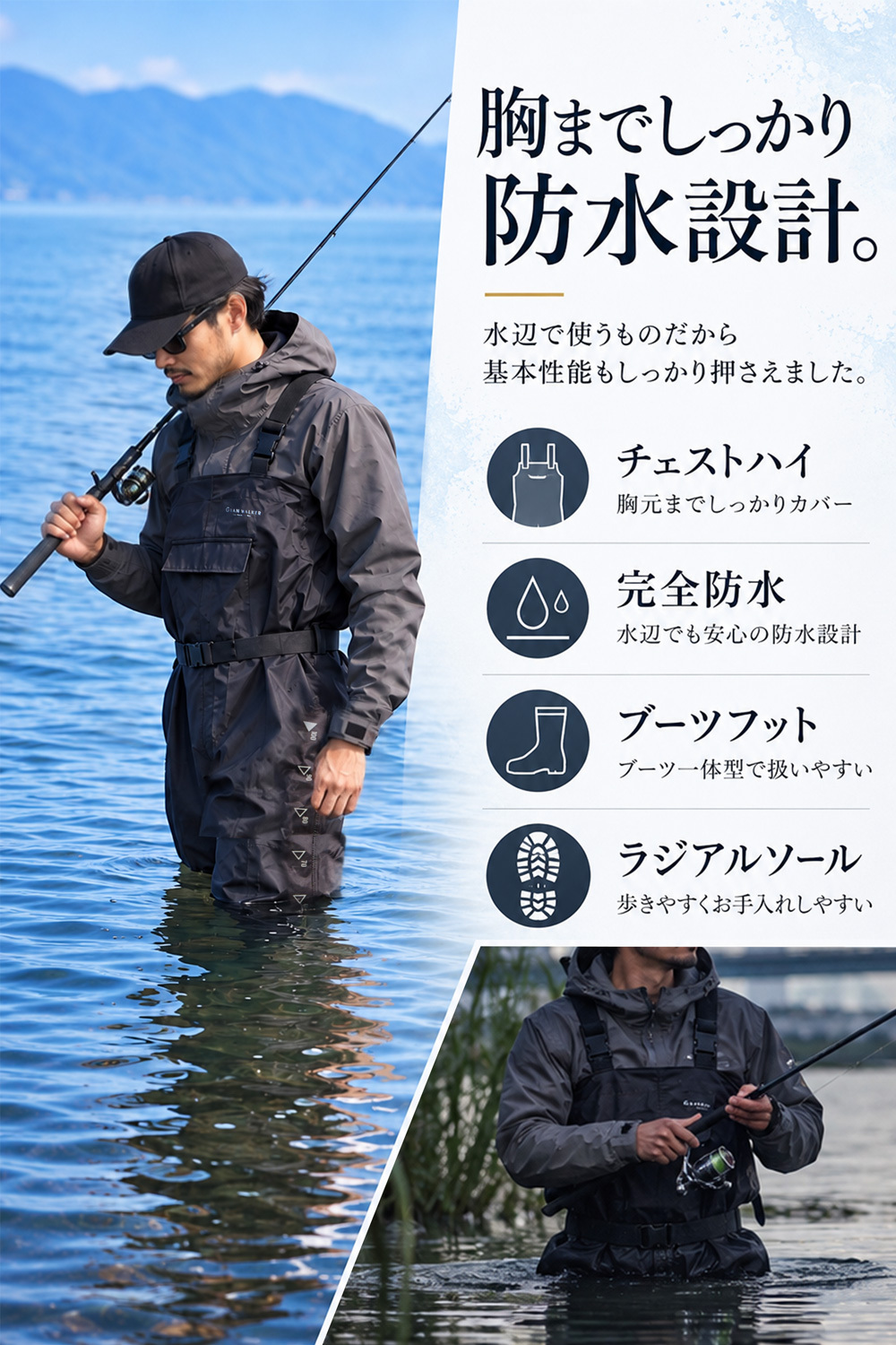 GranWalker グランウォーカー ショートブーツ チェストハイウェーダー ラジアルソール 軽量 完全防水 釣りグッズ 渓流 サーフ アウトドア用 キャンプ