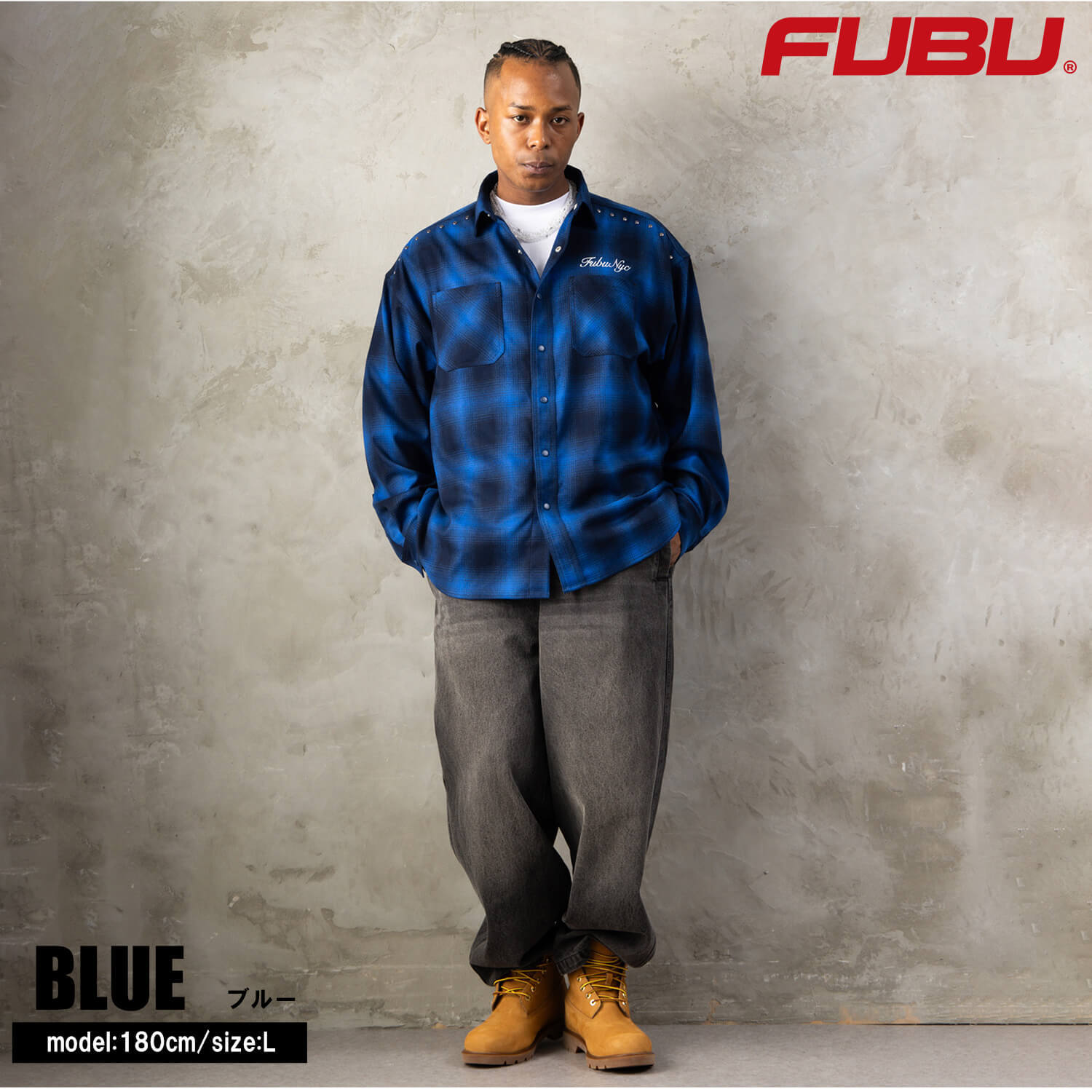 FUBU フブ チェックシャツ メンズ レディース fam-62100 スタッズ オンブレチェック ネルシャツ 長袖 シャツ スナップボタン 刺繍 オーバーサイズ ストリート ヒップホップ ダンス カジュアル M L XL XXL 2026FW Karlas