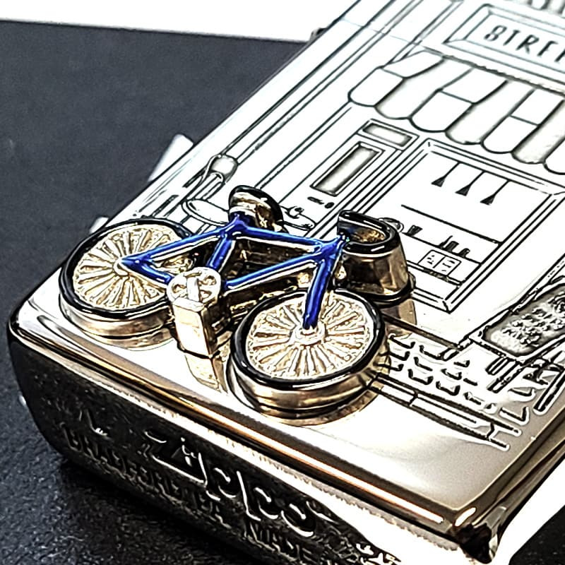 ZIPPO ニューヨーク 自転車 ジッポ ライター かわいい ブルー 重厚立体メタル 両面加工 シルバー おしゃれ 女性 NEW YORK アメリカ FOOD LOVER CLUB おしゃれ 銀 彫刻 レディース ギフト メンズ プレゼント