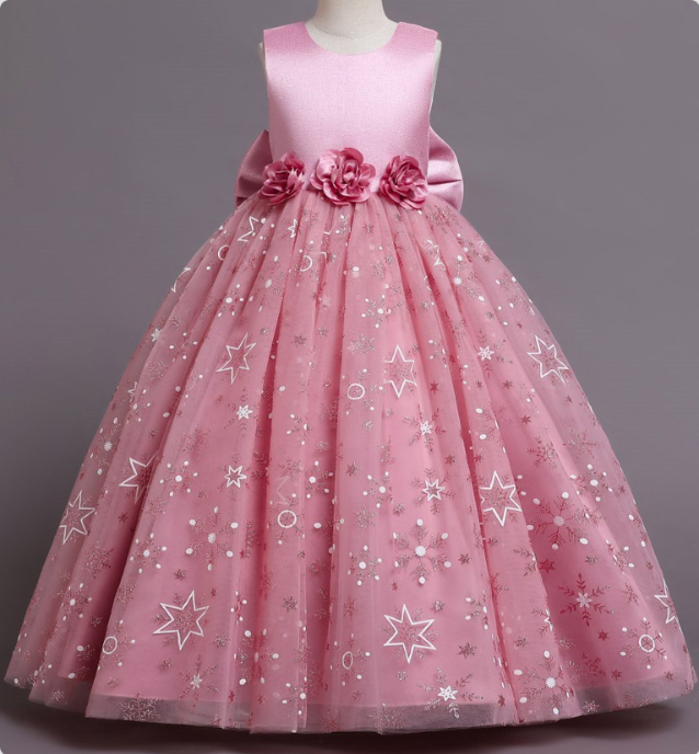 子供 ドレス ピアノ発表会 ドレス コンクール ノースリーブ かわいい ロング ロングドレス フリル ジュニアドレス 結婚式 フラワーガール　花柄 星柄　赤 ネイビー　ピンク110　120 130 140 150 160