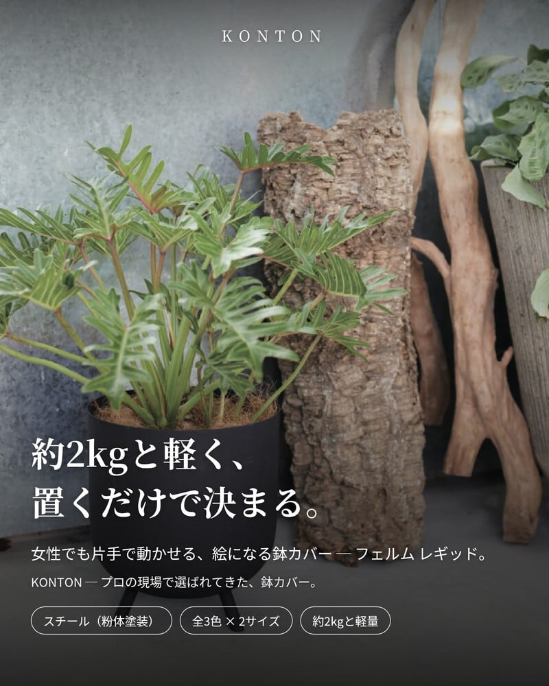 鉢カバー おしゃれ 大型 軽量 10号 8号 KONTON コントン フェルム レギッド 丸型 屋内 室内 高級 北欧 モダン ナチュラル 観葉植物用 多肉植物 サボテン 特大 底穴なし スチール 玄関 リビング インテリア プランター 深型 アイボリー ブラック グリーン