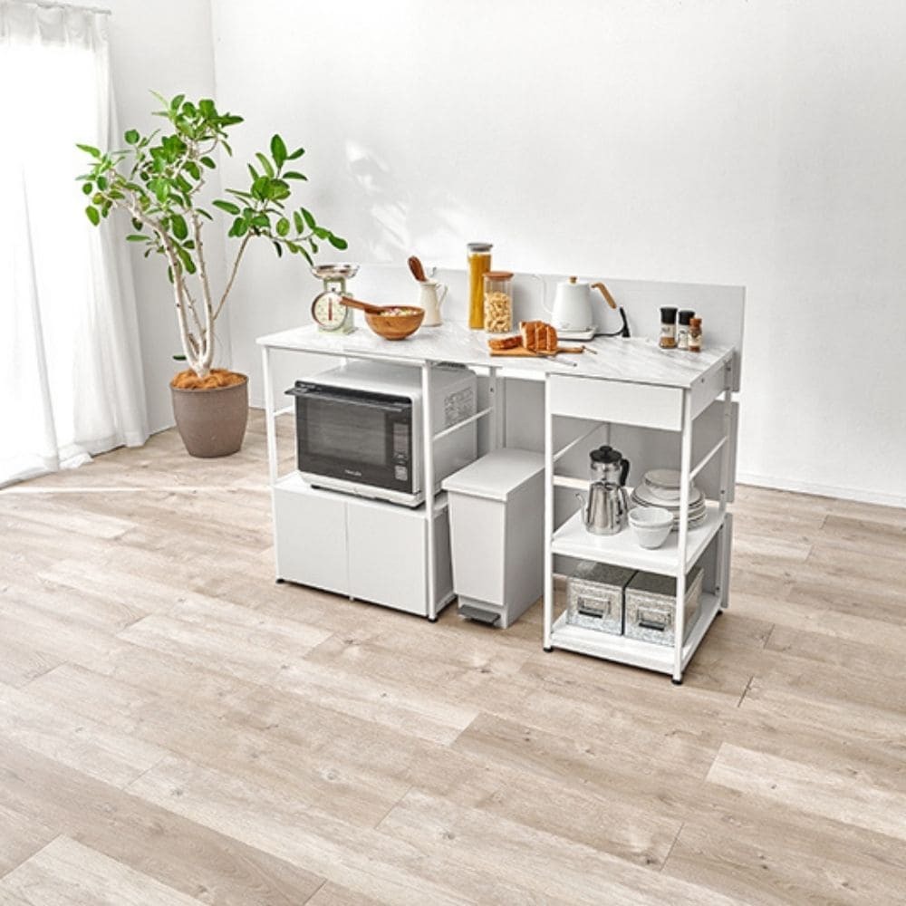 伸縮キッチンカウンター　オープン棚　コンセント付き　炊飯器置き　電気ケトル置き　作業台　おしゃれ　カウンターテーブル　キッチン