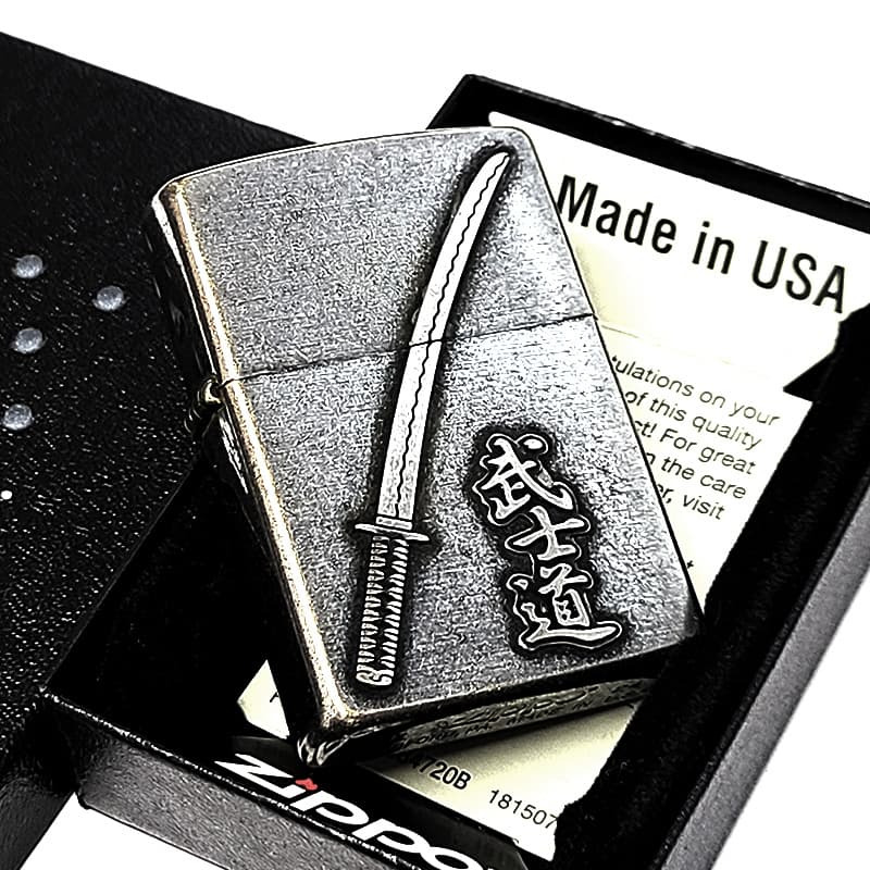 ZIPPO 武士道 刀 ジッポ ライター 和柄 クロームバレル かっこいい メタルエンブレム 日本 アンティーク シルバー 渋い おしゃれ 銀 メンズ プレゼント ギフト