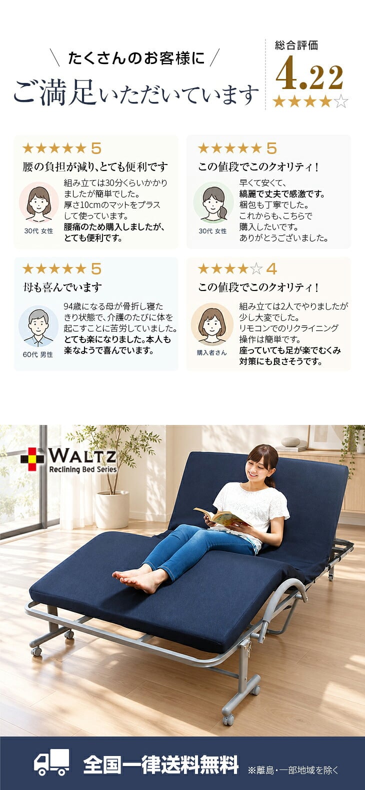 電動リクライニングベッド シングル ワルツ WALTZ 折りたたみ 低反発マットレス キャスター付き 高床タイプ 立ち上がりラクラク 収納式 通気性 メッシュ生地 ネイビー