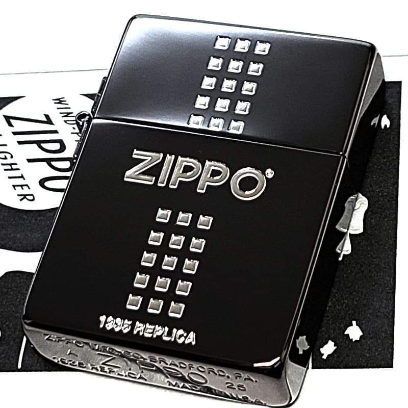ZIPPO 1935 ジッポ ライター ロゴ ブラックニッケル 黒 角型 外ヒンジ 3バレル エッチング彫刻 銀差し シンプル かっこいい 高級 ギフト メンズ プレゼント