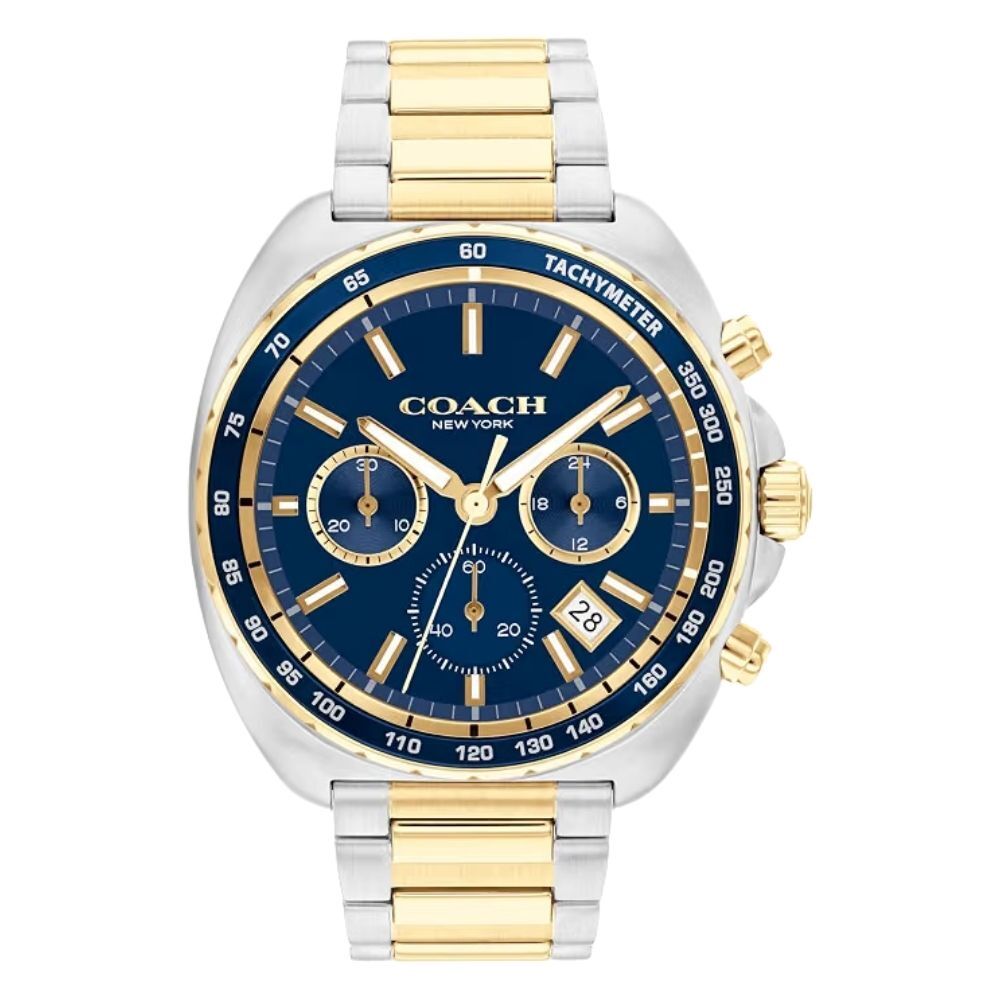 コーチ 腕時計 メンズ 正規品 5年保証 チャーター クロノグラフ 44mm ブルー ゴールド シルバー ツートン メタルベルト タキメーター 30m防水 ビジネス 夫 彼氏 父 誕生日 プレゼント ギフト 純正ショッパー付き COACH 成人 卒業 入学