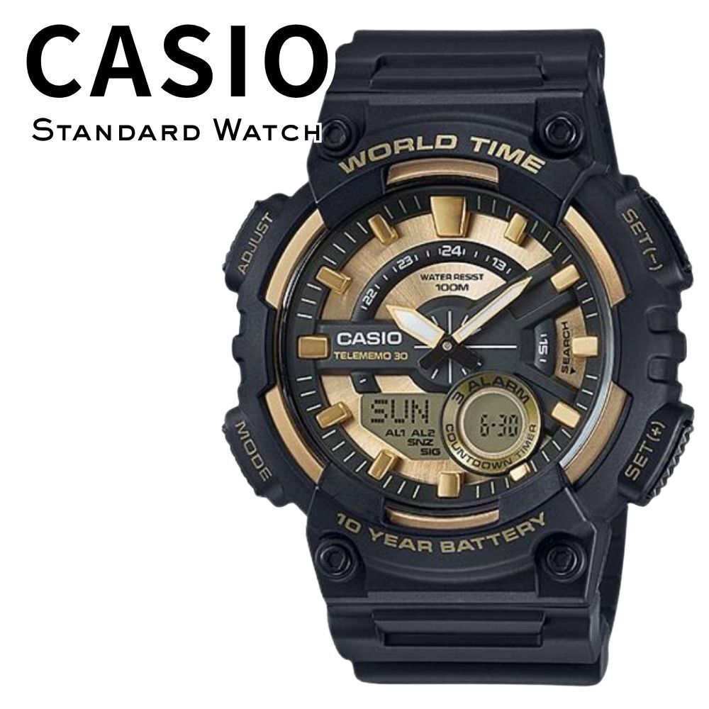 箱なし カシオ 腕時計 メンズ CASIO アナデジ ブラック ゴールド 10年電池 100m防水 大きめ スポーツ アウトドア 海外モデル 逆輸入 ワールドタイム テレメモ ストップウォッチ タイマー アラーム 誕生日 プレゼント ギフト 成人 卒業 入学