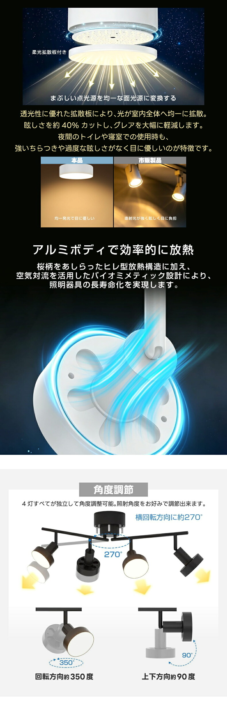 シーリングライト 4灯 スポットライト おしゃれ 調光調色 リモコン付き LED電球付き 80W形相当 1200lm 大光量10畳 電球色 昼白色 昼光色 角度調節 省エネ 長寿命 節電 個別点灯 北欧風 モダン おしゃれ 天井照明 照明器具 ダイニング リビング 和室 寝室 新生活 新居 引越し