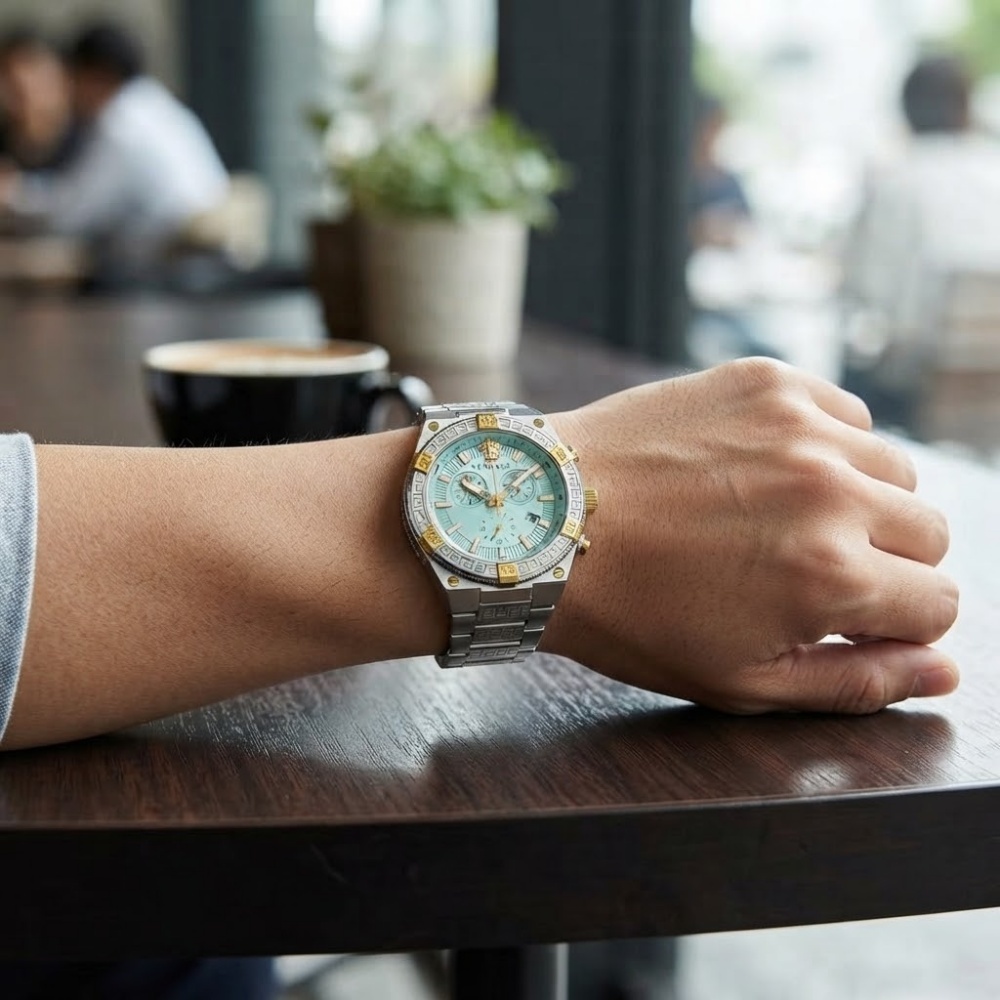 ヴェルサーチェ 腕時計 メンズ ライトブルー アクアブルー シルバー ゴールド クロノグラフ 46mm VERSACE SPORTY GRECA スイス製 メンズ腕時計 高級 ブランド おしゃれ プレゼント ギフト 成人 卒業 入学