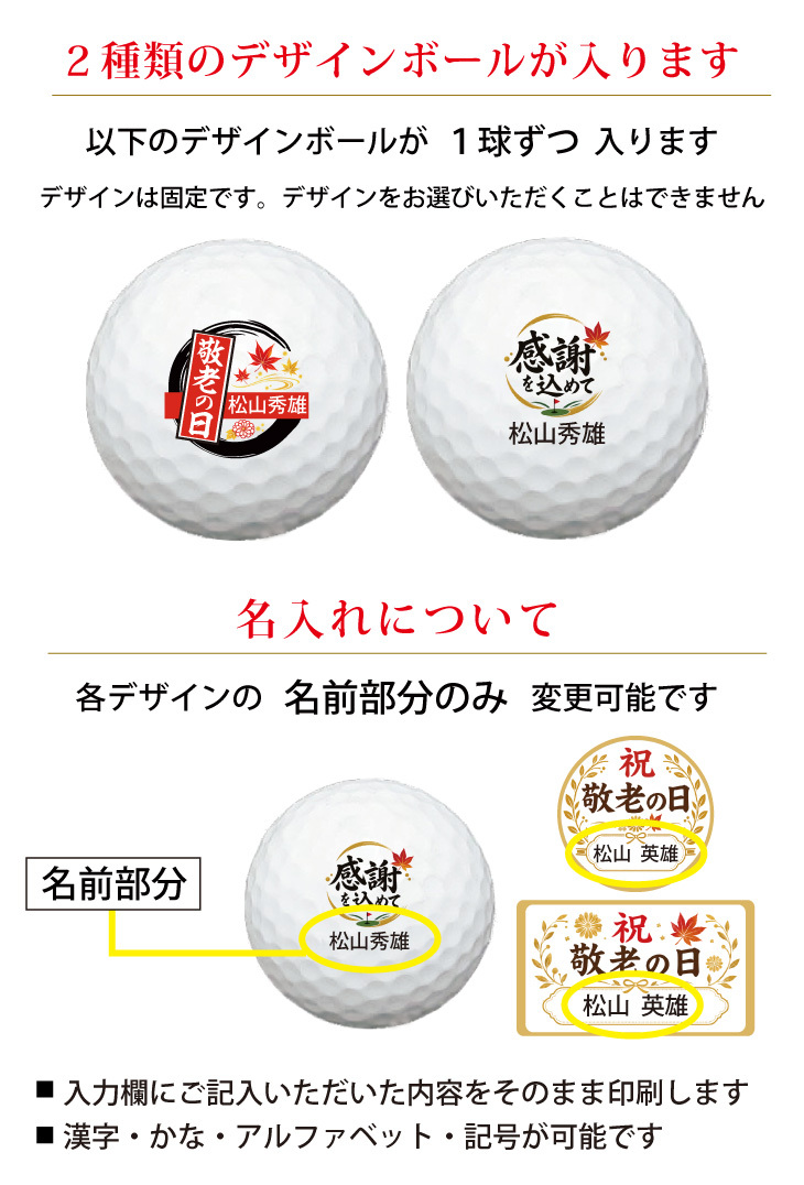 最短即日出荷！ 敬老の日 名入れゴルフボール２球＋マーカー台座セット【感謝・お祝いデザイン】(メーカーお任せ公認球) 化粧箱入り ギフトラッピング無料