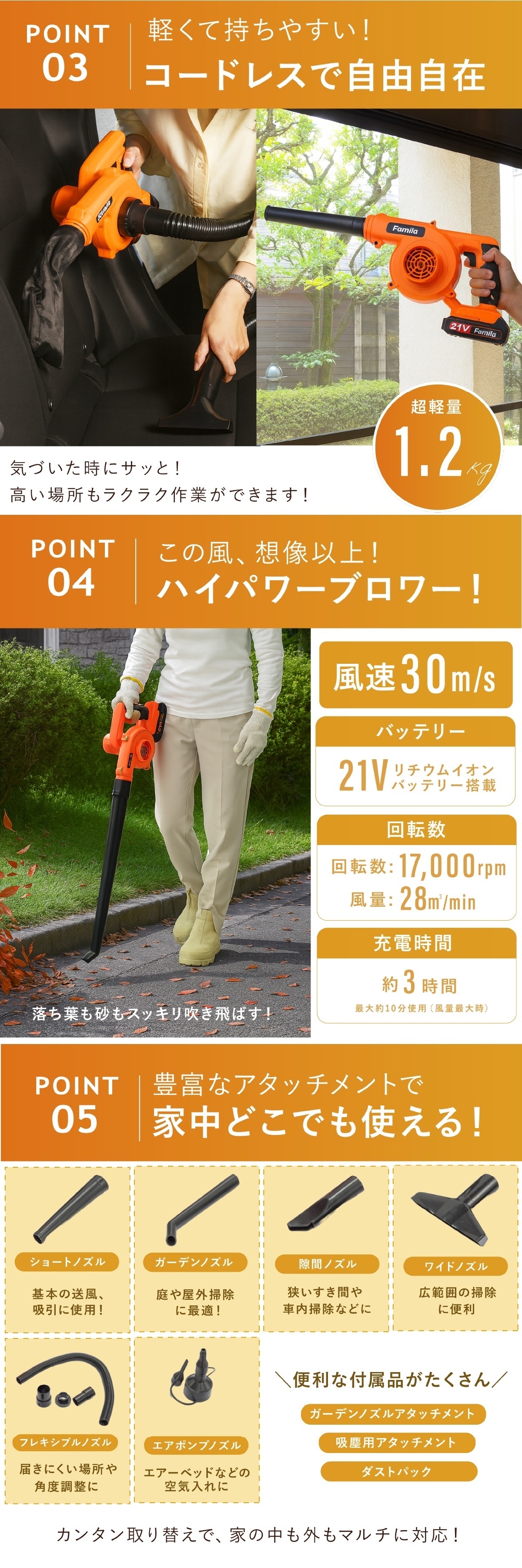 充電式ブロワー ファミラ コードレス 2WAY ブロワー 予備バッテリー付き バキューム 最大風速30m/s 送風 吸塵 集じん 落ち葉 掃除 洗車 水滴飛ばし DIY ガーデン 庭 ベランダ 21V 軽量 ノズル付き エアポンプ ダストパック 家庭用 父 ご両親 敬老の日 プレゼント ギフト