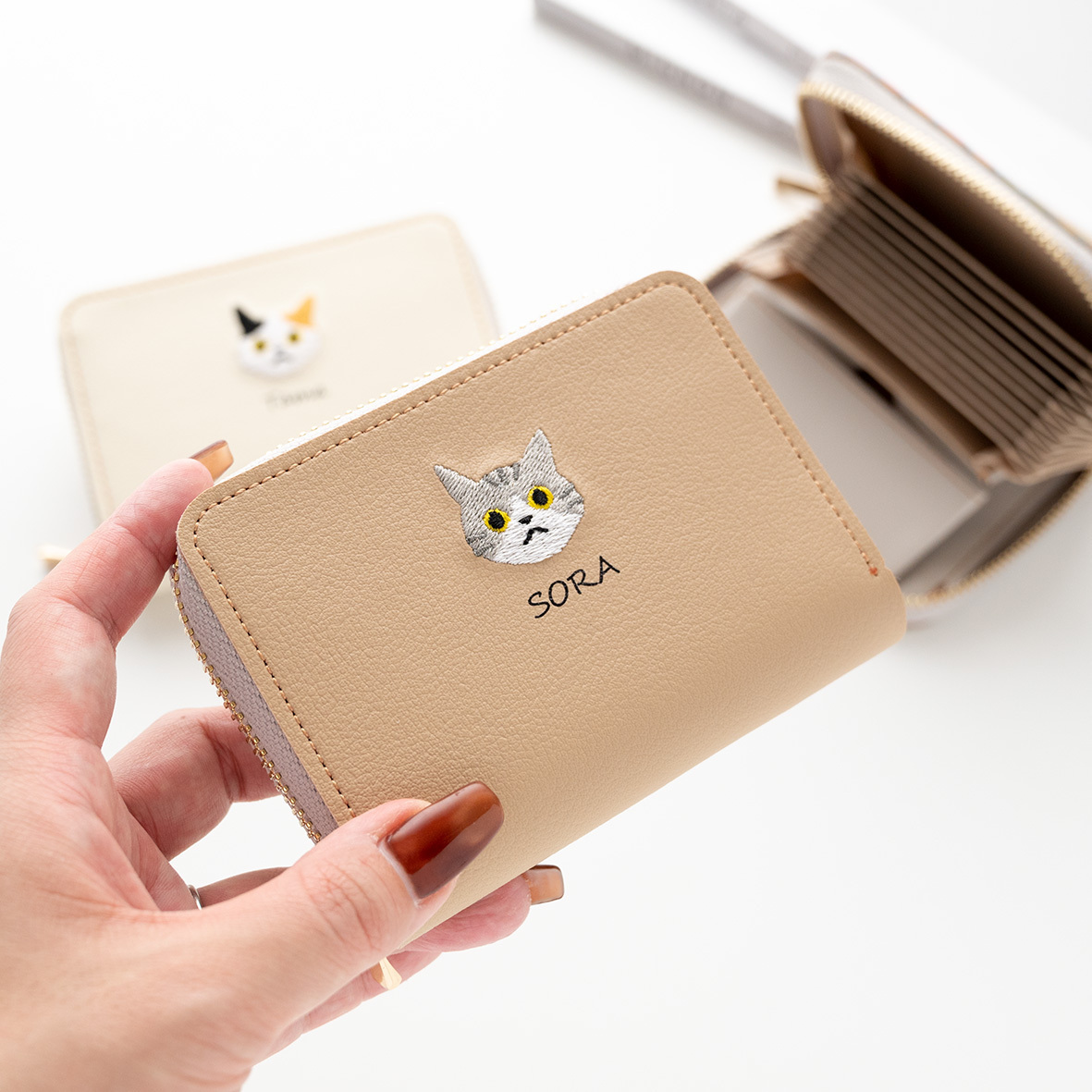 お札が折れない コンパクトウォレット 【 うちの子 猫 】 名入れ 刺繍 ミニ財布 プレゼント 贈り物