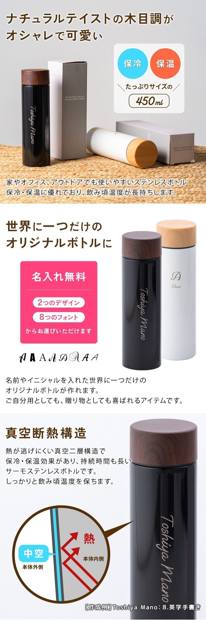 木目調 サーモ ステンレスボトル 450ml スクリュー 水筒 保温 保冷 真空二重構造 無料ギフトラッピング・メッセージカード ケータイマグ ギフト 父の日 2026 プレゼント