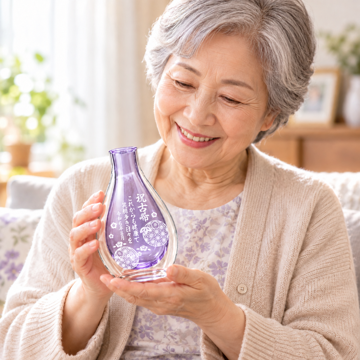 卒業 退職 名入れ 花瓶 淡紫の二重ガラスフラワーベース 専用BOX入り プレゼント 古希 喜寿 誕生日 SXX