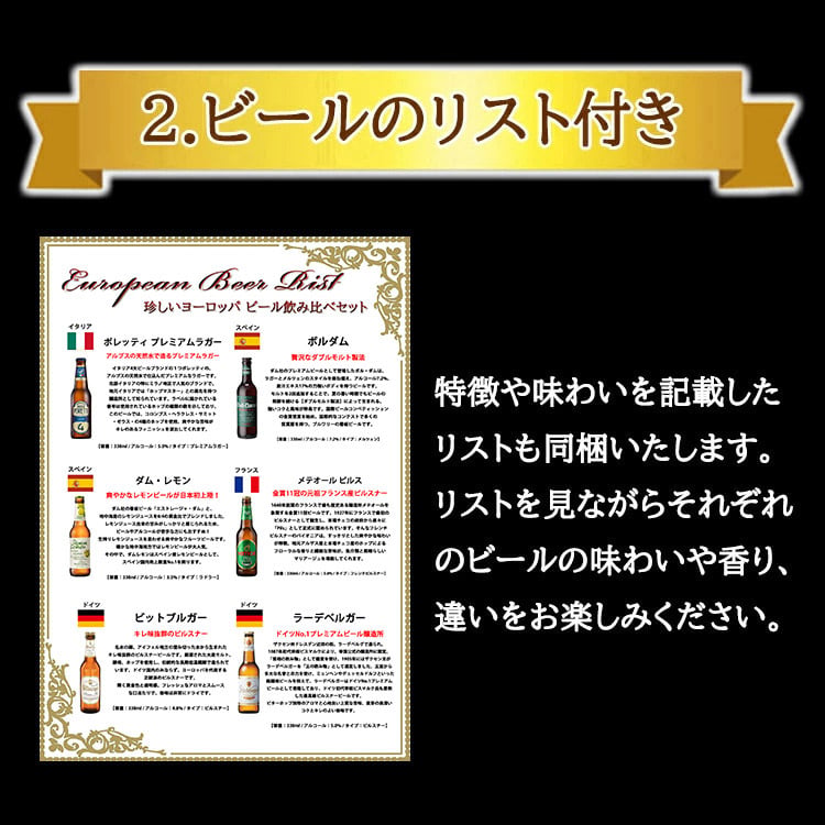 欧州ビール 飲み比べセット 6本 330ml×6本 ヨーロッパビール 海外ビール 輸入ビール 詰め合わせ アソート ギフト プレゼント お歳暮 内祝い 誕生日 父の日 クリスマス お祝い 贈り物 専用ケース入り のし メッセージカード ラーデベルガー ビットブルガー DAMM 送料無料