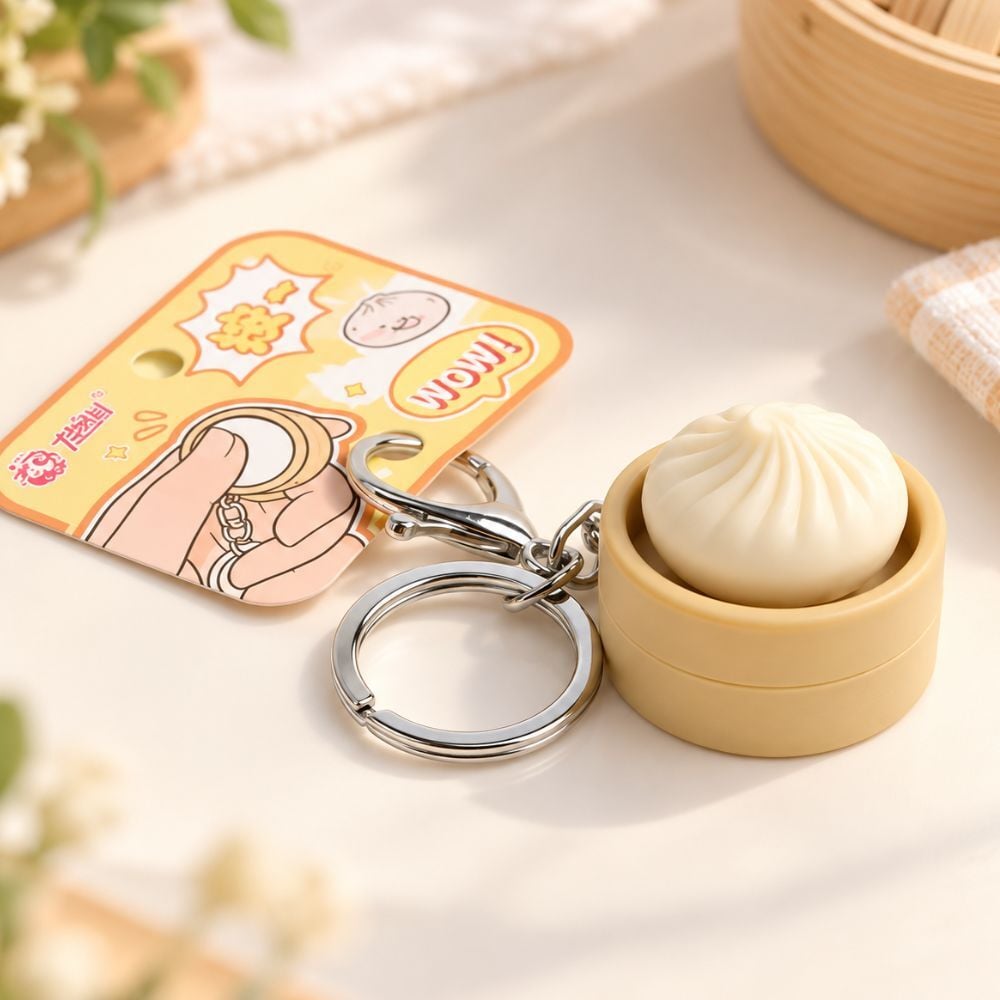 小籠包 肉まん キーホルダー 2点セット プッシュボタン キーリング ミニチュア 食品サンプル風 PVC バッグチャーム おもしろ雑貨 かわいい ストレス解消 グッズ プレゼント