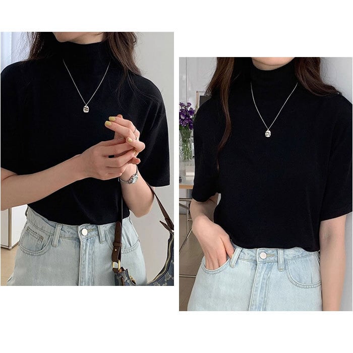 tシャツ 通販 カットソー レディースTシャツ トップス 半袖 ハイネック オフィスカジュアル モックネック 通勤 通学 女性 レディース ゆったり ゆるT 無地 ストレッチ 大きいサイズ カジュアル シンプル プルオーバー インナー