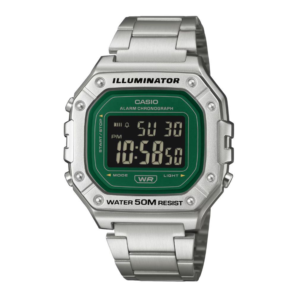 カシオ 腕時計 メンズ グリーン シルバー デジタル CASIO 海外モデル 50m防水 ストップウォッチ アラーム LEDライト メタル ステンレス レトロ おしゃれ プレゼント ギフト 収納ケース付き 成人 卒業 入学
