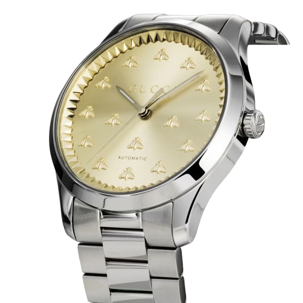 グッチ 腕時計 メンズ Gタイムレス 1本限り 自動巻き 42mm イエローゴールド シルバー 蜂 ビー GUCCI G-Timeless スイス製 サファイアガラス プレゼント ギフト 成人 卒業 入学