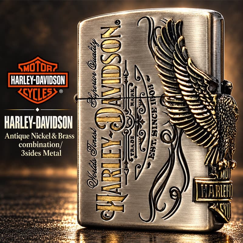 ジッポライター ハーレーダビッドソン ZIPPO かっこいい アンティーク シルバー＆ゴールド 金銀 古美仕上げ 3面メタル 鷲 日本国内限定モデル メンズ ギフト