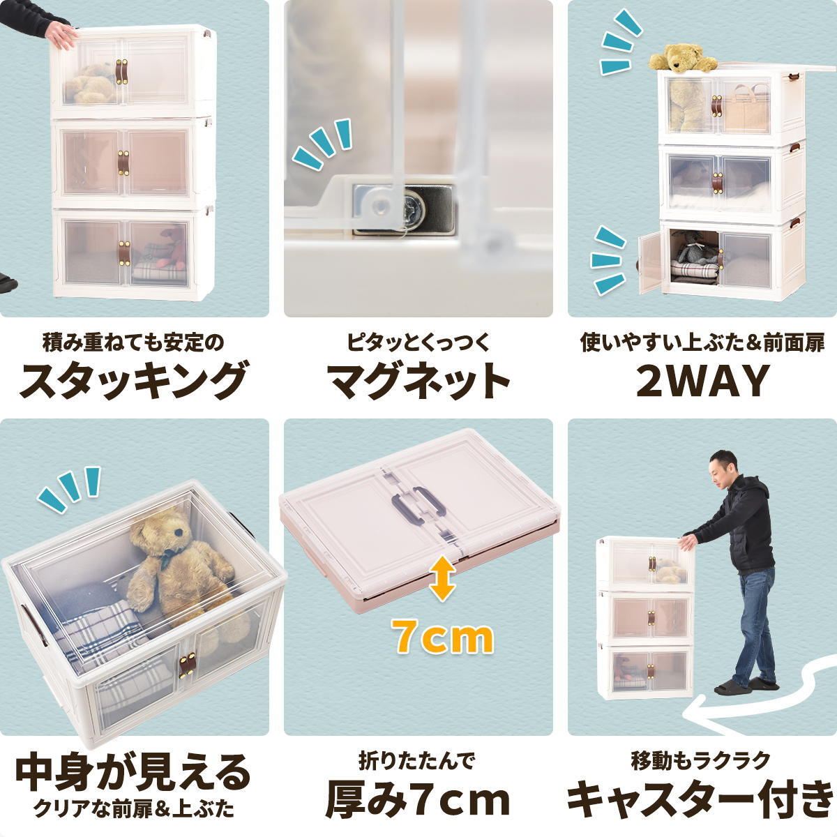 多目的収納ボックス　BENRY（大）【３個セット】 ONSE0242 折りたたみ 前扉付き マグネット開閉 キャスター付き 積み重ね スタッキング コンテナ 収納ボックス ハニカム構造 ストレージボックス 収納ボックス  収納ボックス 折畳み