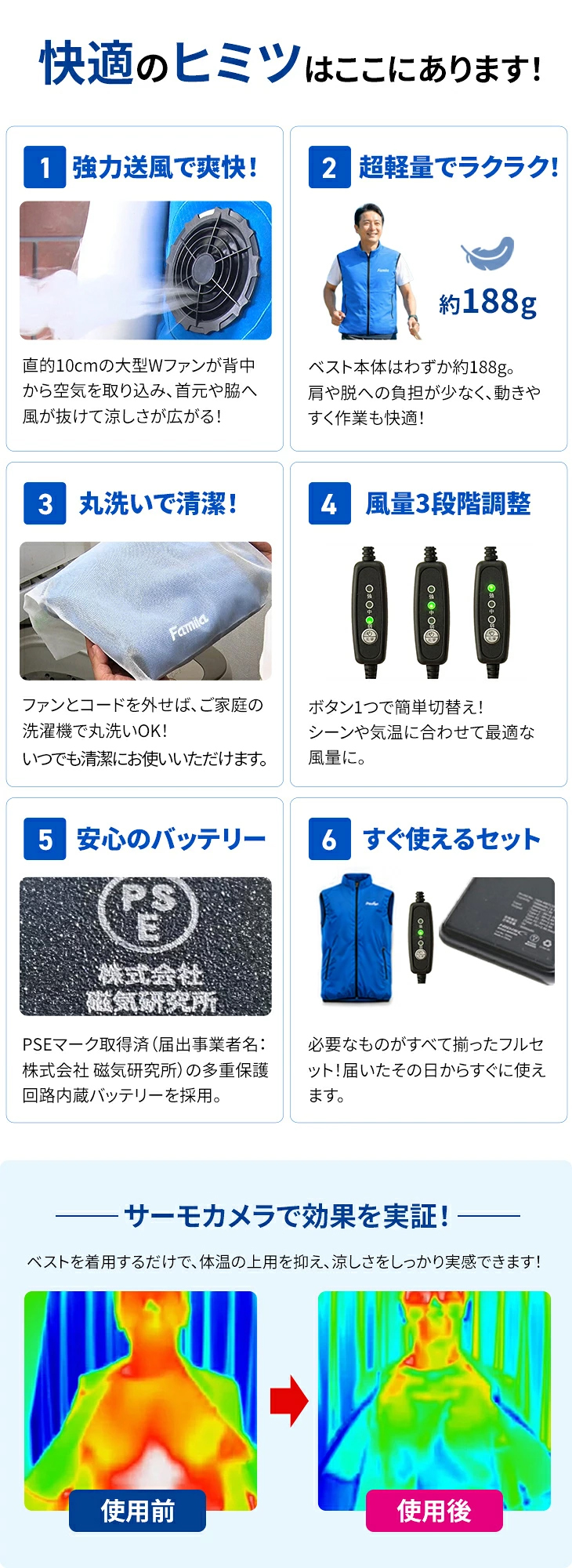 ファミラ クールファンベスト ACアダプター バッテリー付き ファン付きベスト ファン付きウェア 熱中症対策 着る扇風機 ガーデニングウェア 農作業 充電式 軽量 暑さ対策 男女兼用 洗濯可能