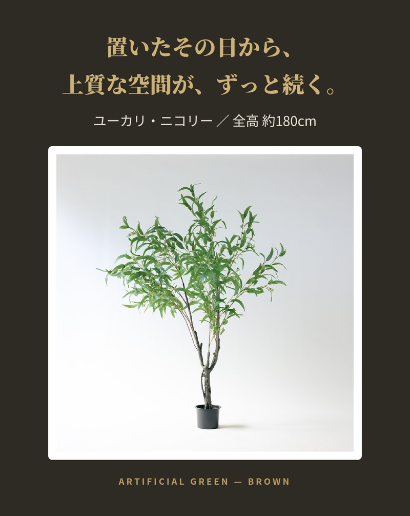 観葉植物 造花 ユーカリ・ニコリー BROWN 全高約180cm 大型 フェイクグリーン 高級 本物そっくり リアル おしゃれ ナチュラル インテリア 人工観葉植物 アーティフィシャルグリーン オフィス 店舗 ホテル カフェ 開店祝い 室内 リビング 玄関 風水 ユーカリの木