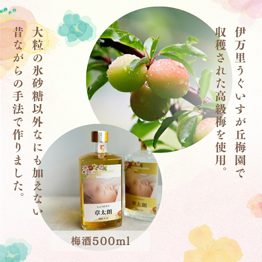 al306 写真名入れ 金箔入り 本格焼酎 梅酒＆麦焼酎 佐賀県産 500ml 2本セット (出産内祝 内祝 お祝い 記念日 プレゼント)送料無料