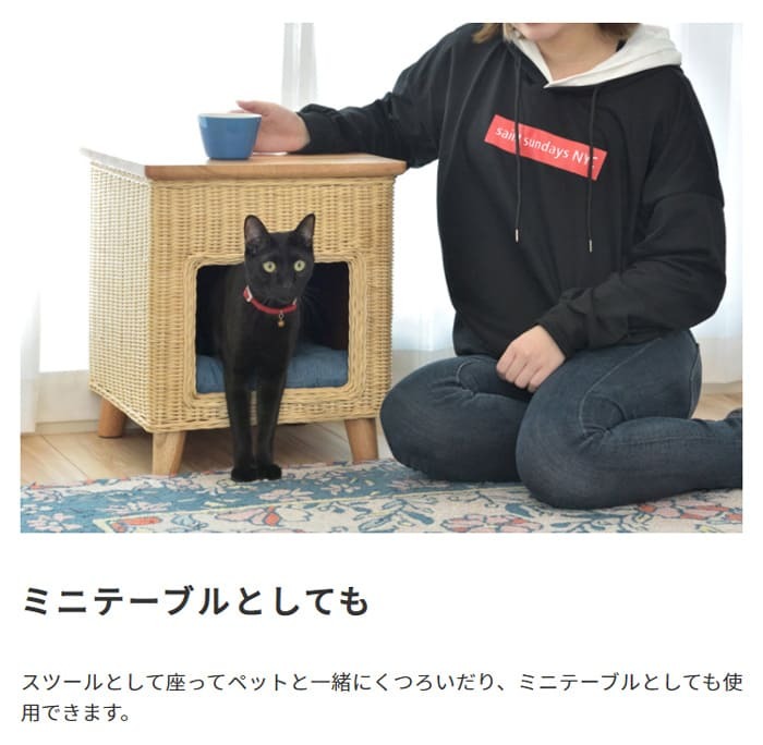 ラタン ペットハウススツール ペットと一緒にくつろぐ クッション付き 椅子 テーブル ネコ イヌ 猫 室内用 屋内用 小型犬 ペット用品 グッズ キャットタワー 省スペース 犬用 猫用 かわいい おしゃれ リゾート ホテル ケージ 最大2 天然木 イス