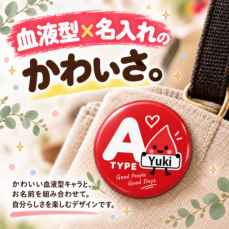 名入れ 缶バッジ 血液型 全4種 選べる 名前入り おしゃれ かわいい キャラクター オリジナル A型 B型 O型 AB型 ネームバッジ 名札 プレゼント ギフト 誕生日 記念品 イベント 自己紹介 推し活 お祝い 男性 女性 メンズ レディース