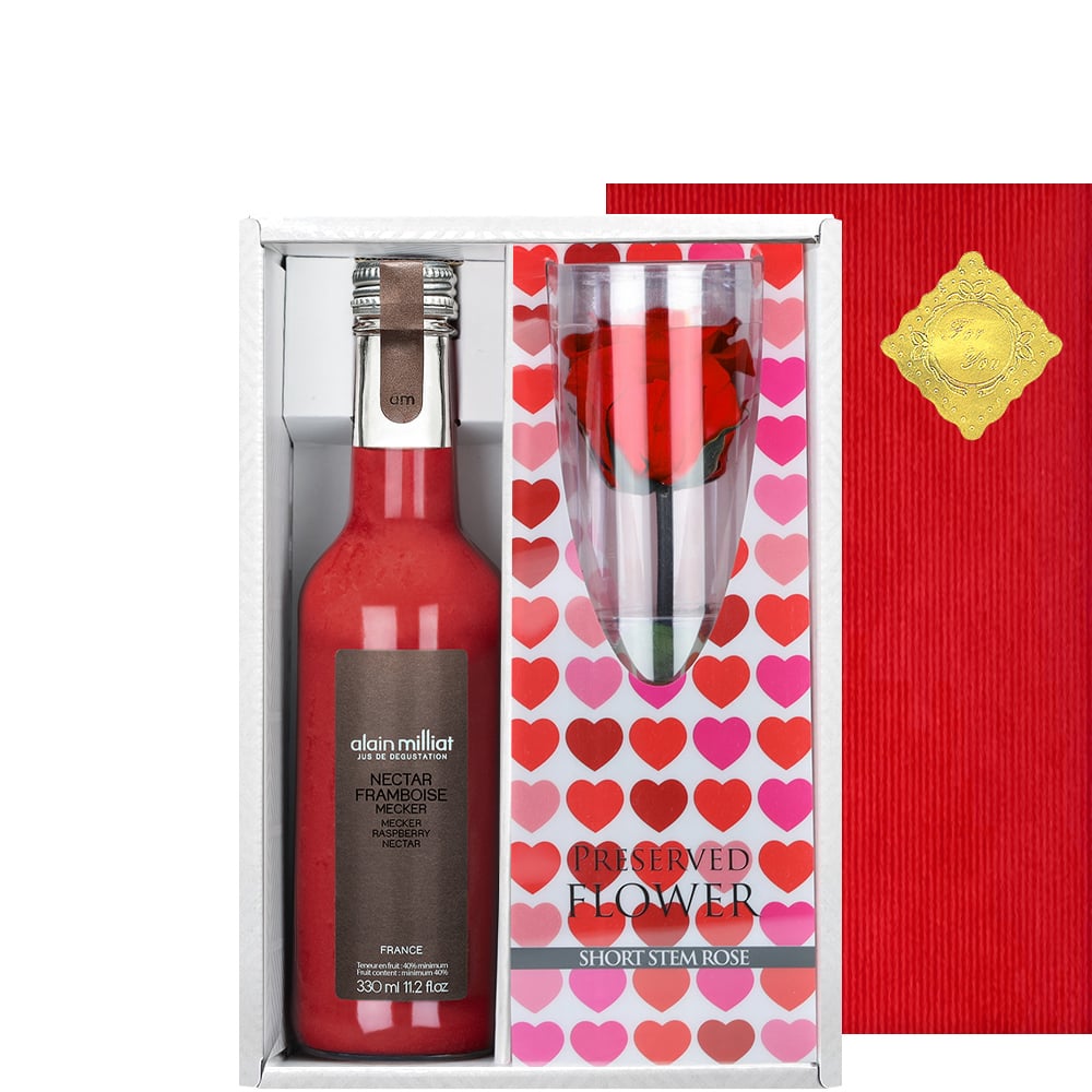 クリスマスプレゼント 女性 ジュースとお花 ギフトセット フランス アラン・ミリア alain milliat ラズベリー ネクター 330ml プリザーブドフラワー バラ 一輪 ピンク ギフト箱付 ラッピング ノンアル 誕生日 お祝い プレゼント 妻 彼女 送料無料
