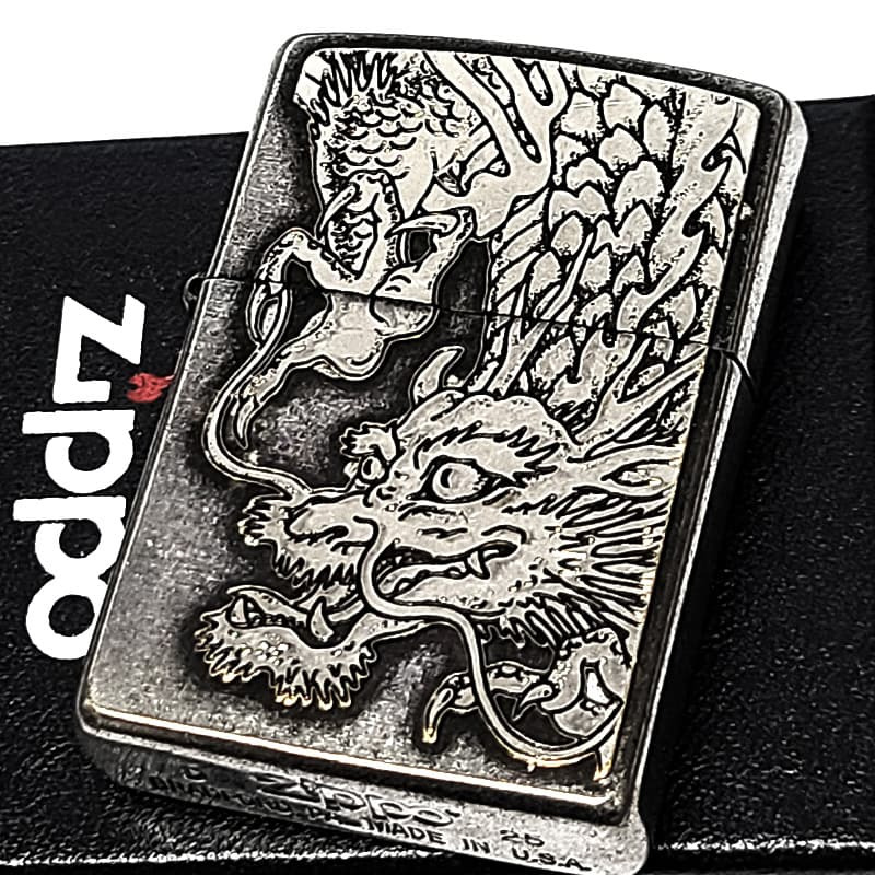 ZIPPO 守護龍 ライター 龍 大型メタル貼りドラゴン ジッポ クロームイブシバレル 和柄 竜 アンティーシルバー 日本 縁起物 おしゃれ かっこいい 銀 メンズ 渋い ギフト 龍彫刻 プレゼント