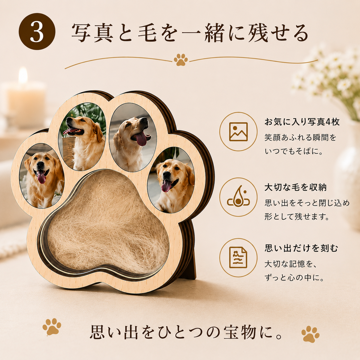 パグ 毛入りフォトフレーム ペットメモリアル 愛犬の毛 保存グッズ 肉球デザイン 写真立て 思い出の品 オーダーメイド ペットの遺毛 メモリアルグッズ 愛犬家 パグ好き 犬好き 短頭種 ペット供養 お別れ 追悼ギフト うちの子記念品 名前入り 日付入り 写真入り ペットロス 誕生日 記念日 母の日 父の日 敬老の日 クリスマス 家族の思い出 インテリア フォトスタンド 愛犬グッズ お悔やみ 贈答用
