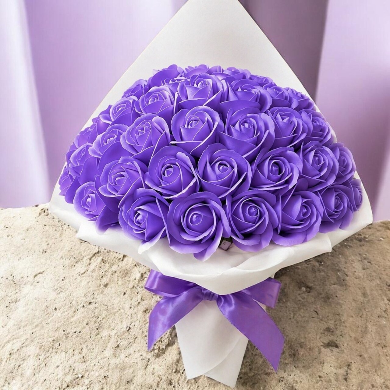 【ソフトパープル】「サヴォンローズ」 花束 ブーケ バラの花束 薔薇の花束 花ギフト フラワーギフト フラワーボックス プロポーズ サプライズ ソープフラワー シャボンフラワー 石鹸フラワー 石鹸の花 石鹸のバラ 枯れない花 インテリア 母の日 父の日 敬老の日 クリスマス バレンタイン ホワイトデー 誕生日 入学 卒業 就職 結婚祝い 結婚記念日 退職祝い 記念日 
