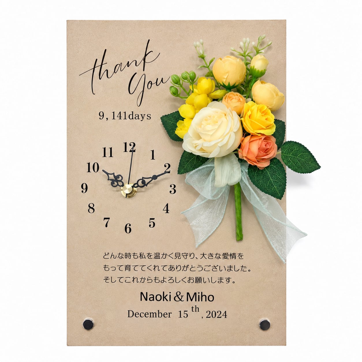 ◆花時計 【Wood Clock ウッドクロック 縦型・ホワイト/ライトピンク/ライトブルー/パープル/ ビタミンカラー】掛け時計・置時計 ハンドメイド 文字入れ・変更可能