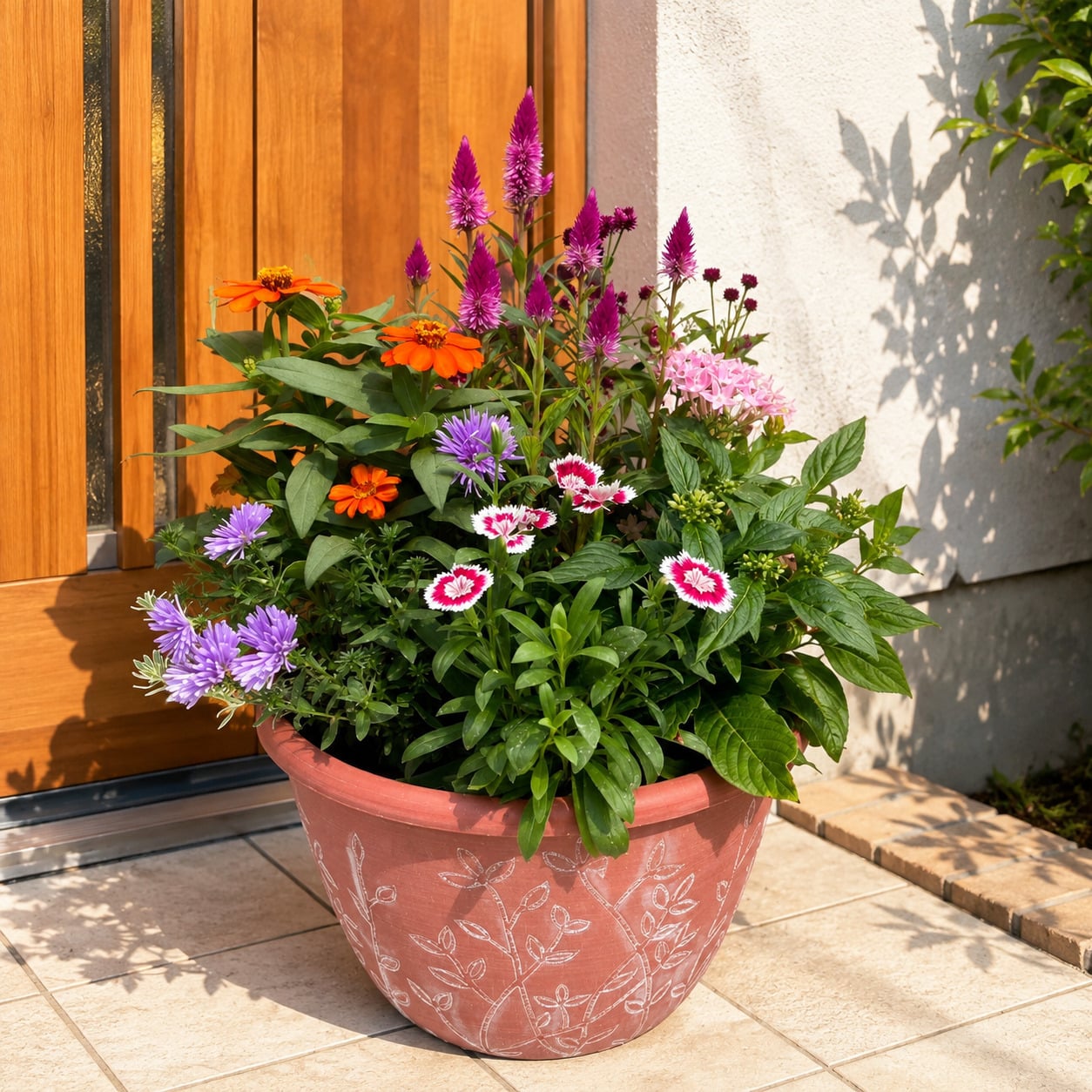 季節の寄せ植え リーフ柄 軽量プラスチック鉢 内径24cm  （レッド ・4色展開）６～7種類のお花で構成 ラッピング不可 ギフトメッセージOK